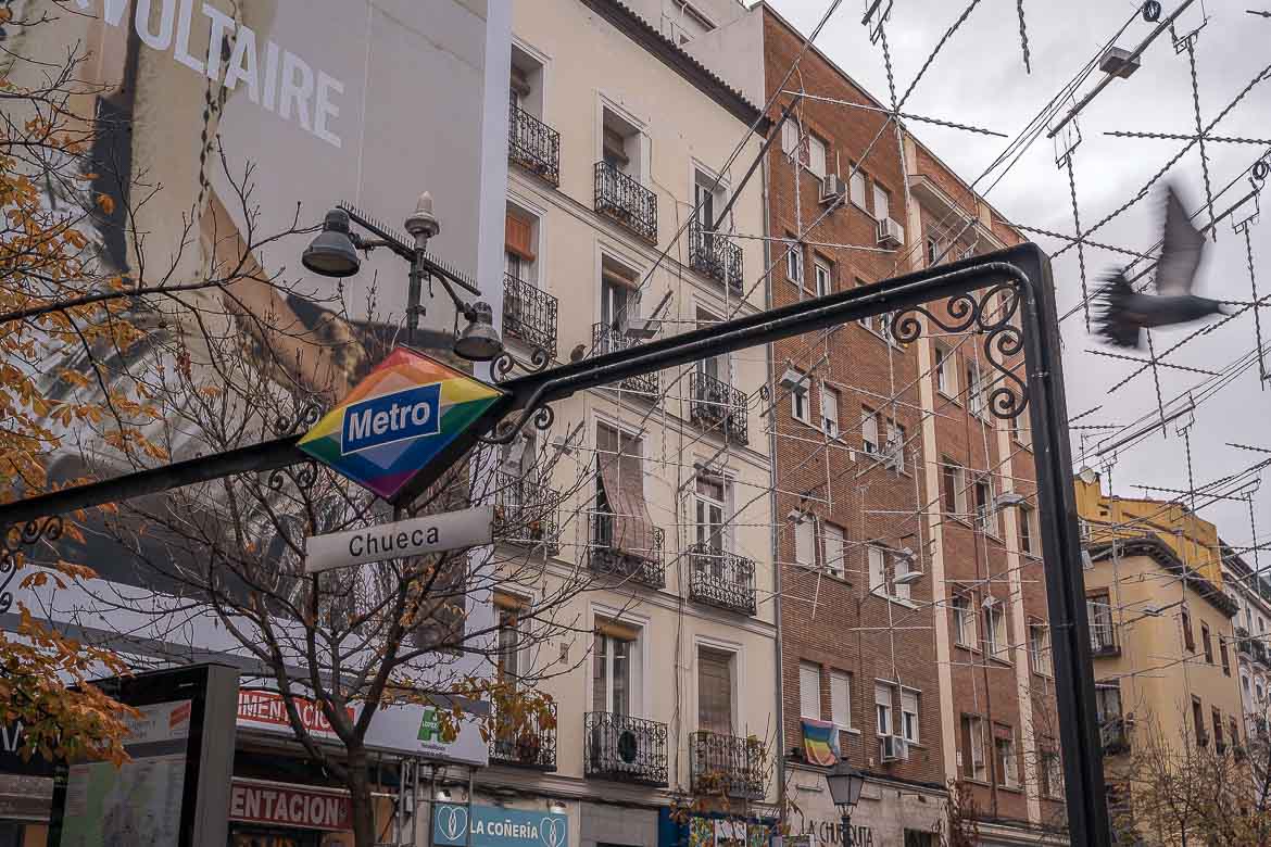 This image shows the LGBTQ sign of the Metro Station in Chueca.