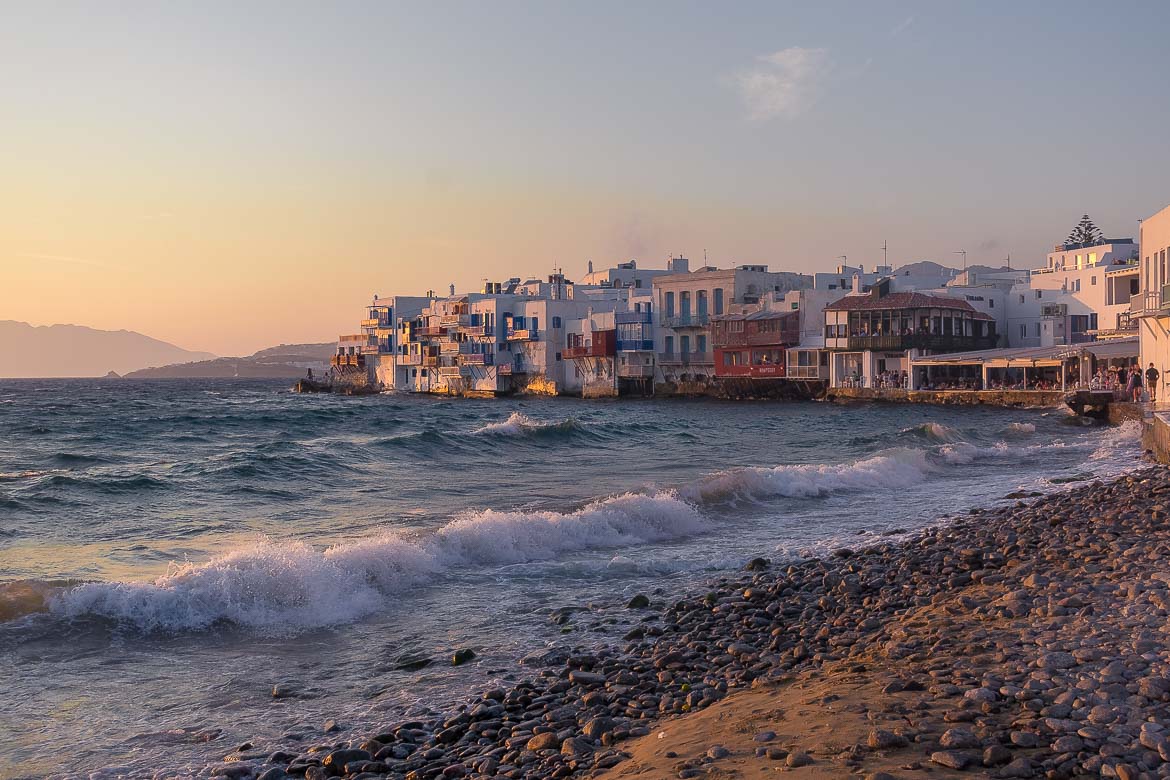 This is Little Venice in Mykonos at sunset. If you're wondering what to do in Mykonos in 3 days, this iconic spot is a must-visit during your stay on the island.