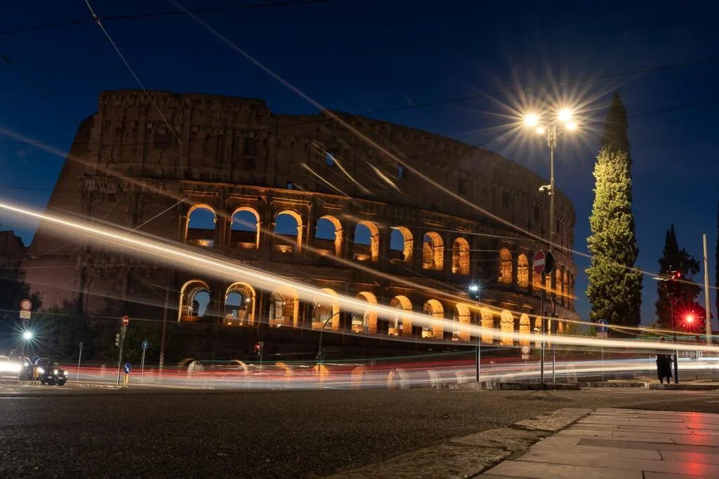 This is a long-exposure shot of the Colosseum with light trails. This is the featured image for our article The Essential 4-Day Rome Itinerary & Guide.
