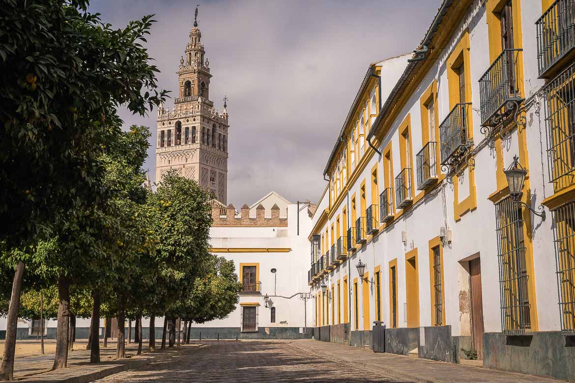 View of Giralda from Patio de Banderas. The square is filled with orange trees and surrounded by white and yellow buildings.