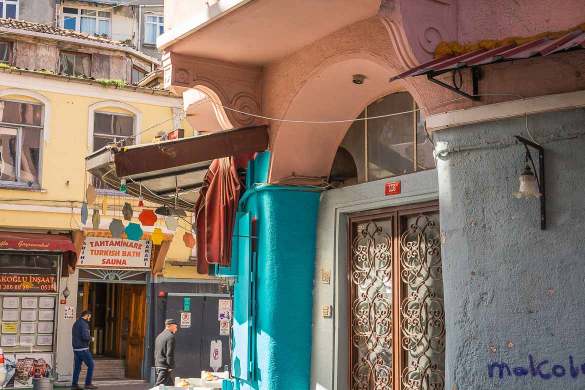 The entrance of a colourful building in Balat.