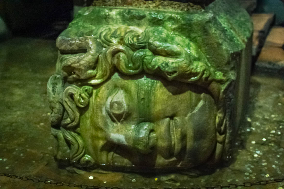 The Medusa head in Basilica Cistern. The sculpture has become green due to the mold.