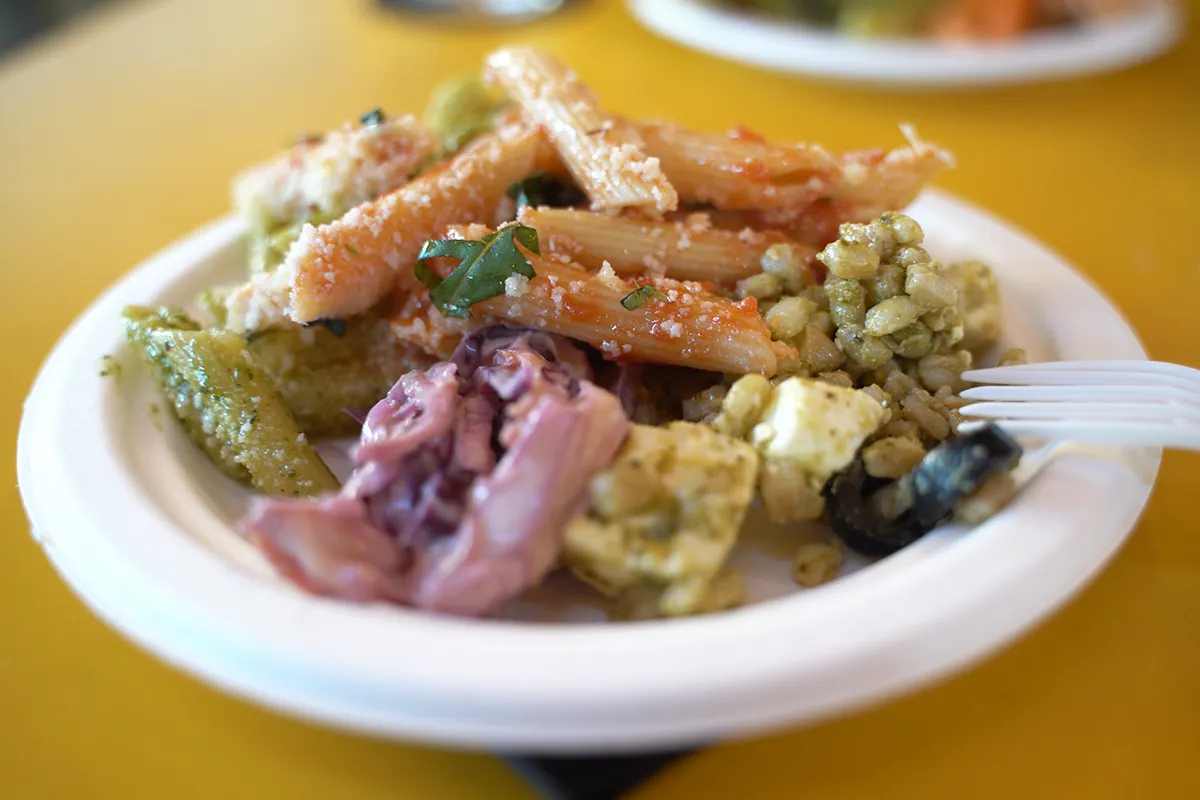 A close-up of a small paper plate with vegetarian food, like pasta and salad.