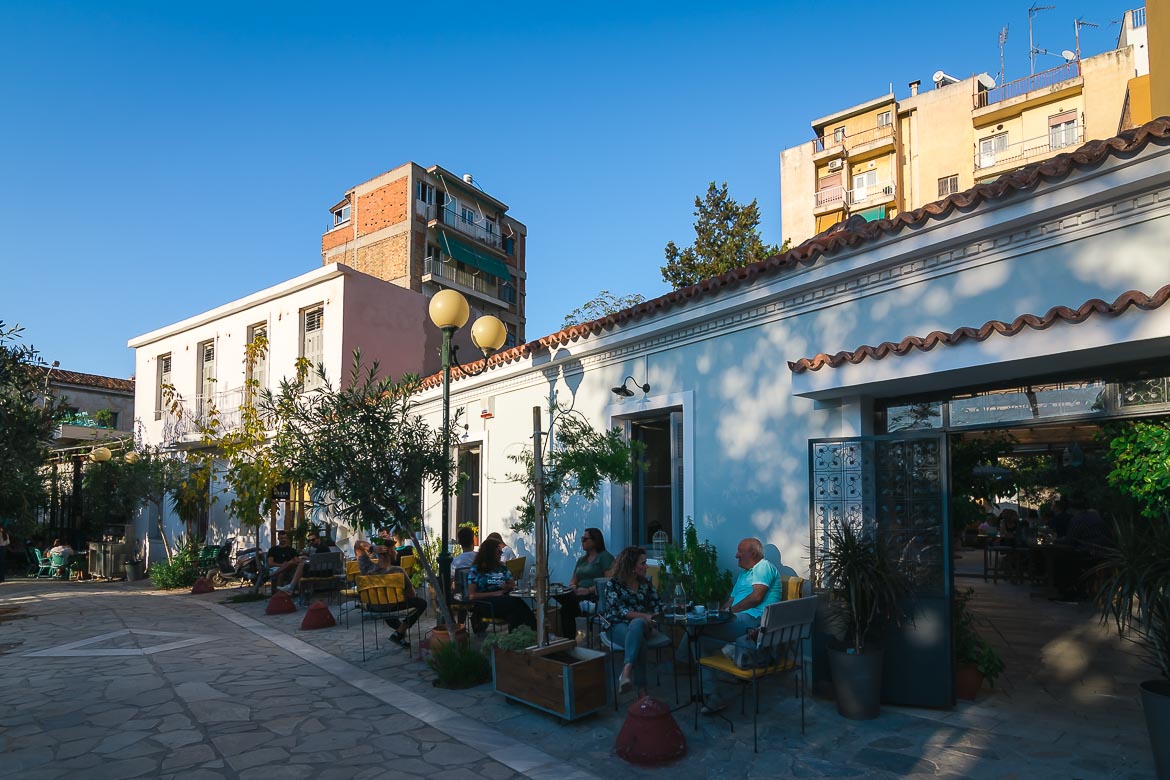This image shows the beautiful cafes and restaurants on Avdi Square in Metaxourgeio.