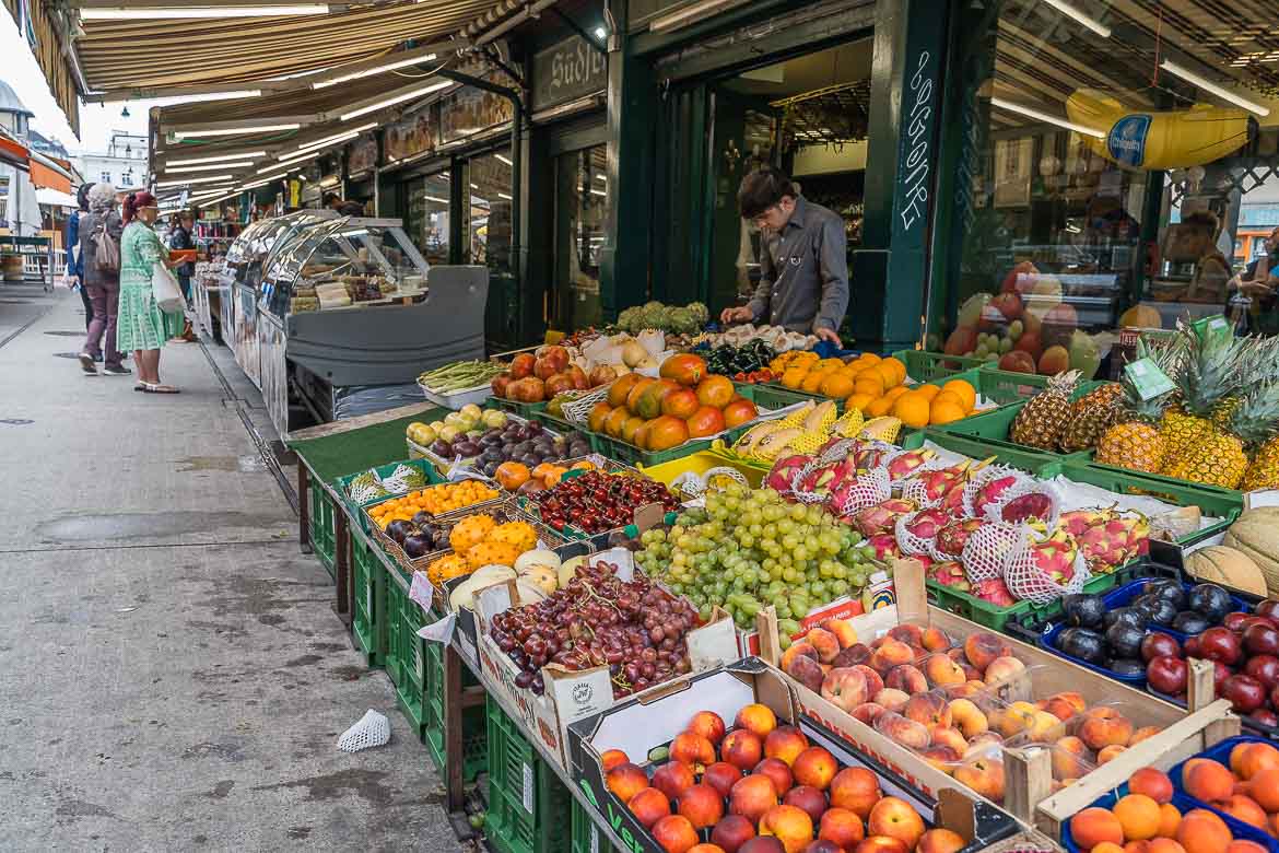 A stall selling colourful fruit at the Naschmarkt.