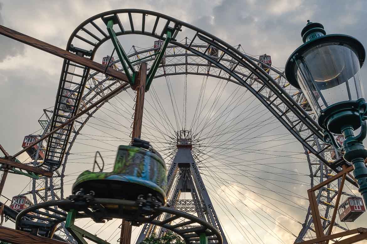 The rollercoaster in Prater and the Ferris Wheel in the background.