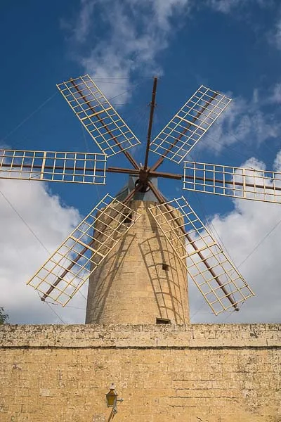 The Ta' Kola Windmill. The windmill's upper round part has six sails.
