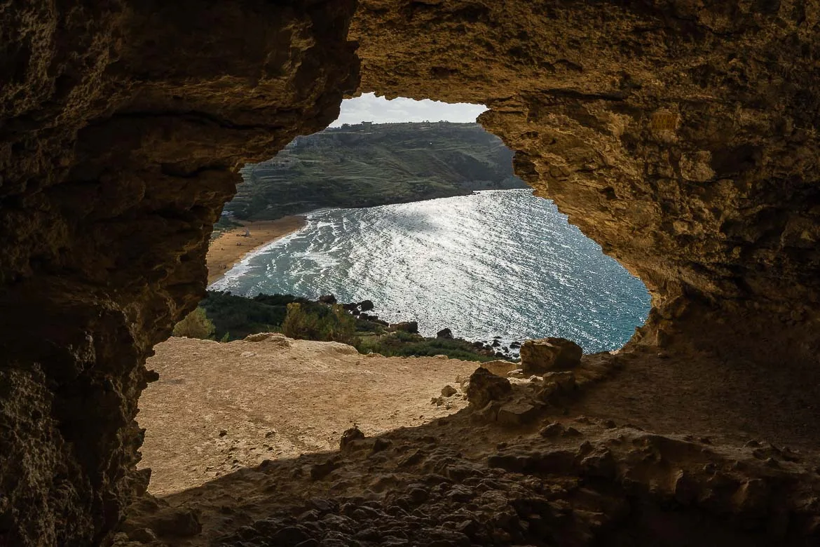 View of Ramla Bay from Tal' Mixta Cave.