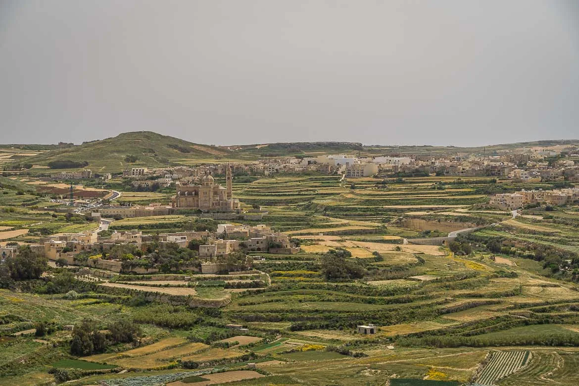 View of Ta' Pinu Basilica and the nearby villages from the lighthouse.