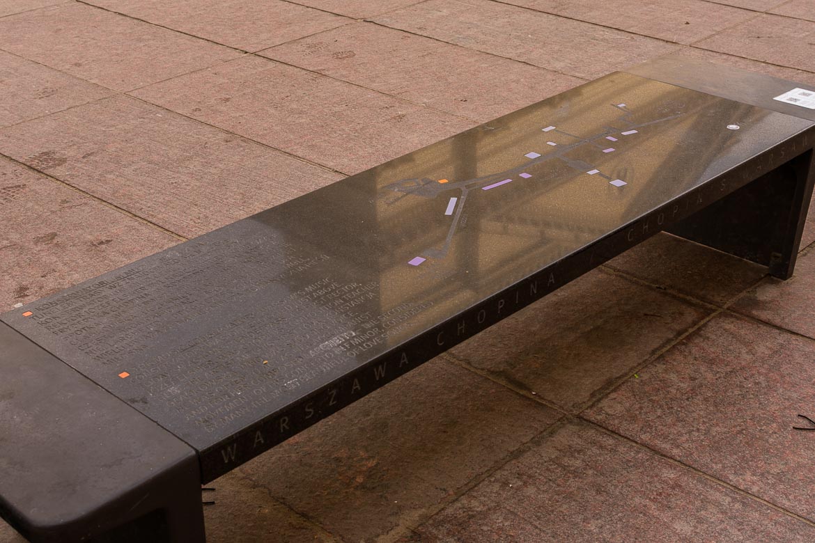 A musical bench in Warsaw. It's black with touch buttons that play Chopin pieces when you press them. 