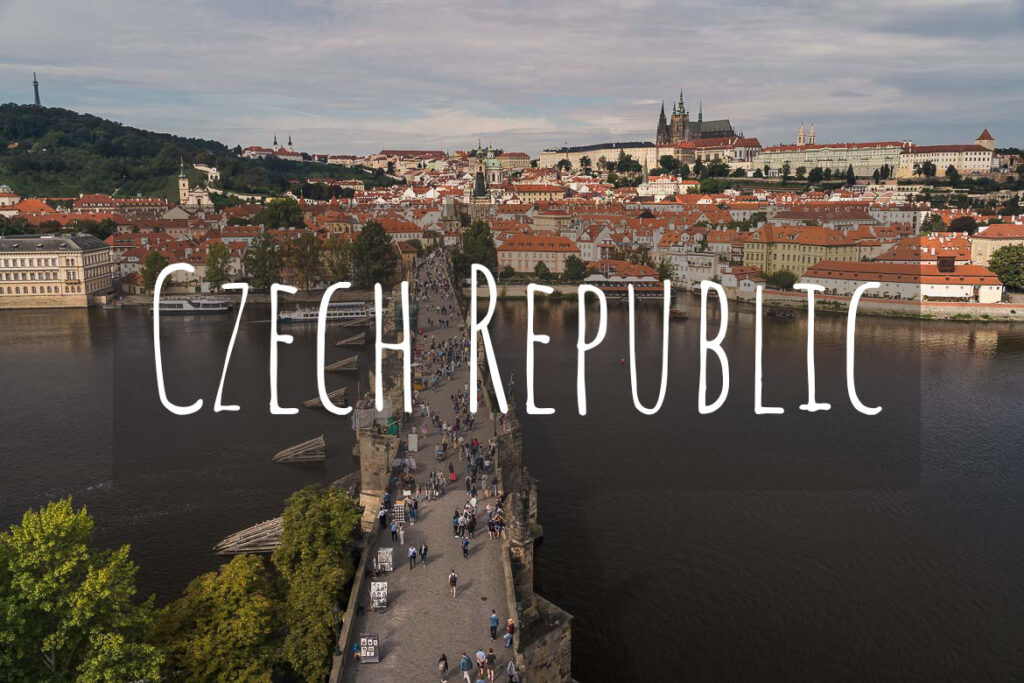 This is a panoramic view of Prague with the Charles Bridge in the foreground. There's overlay text that reads Czech Republic.