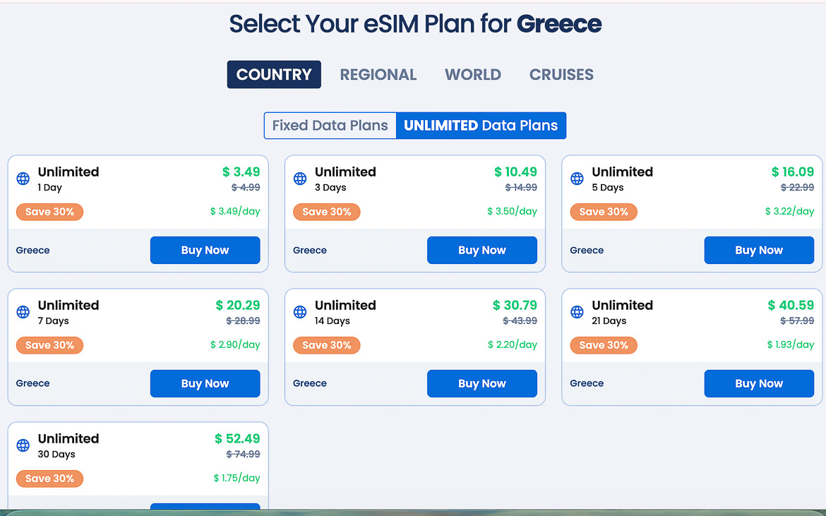 A screenshot of the available eSIM plans for Greece.