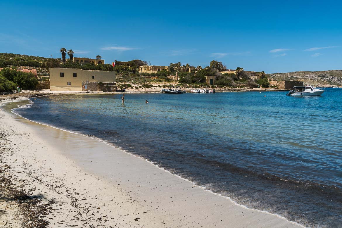 This image shows the sandy Santa Maria Bay in Comino.