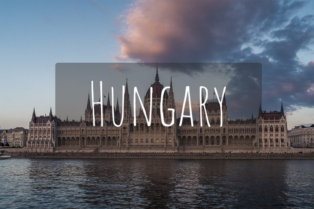 This image shows the Hungarian Parliament building in Budapest. There's overlay text that reads Hungary.
