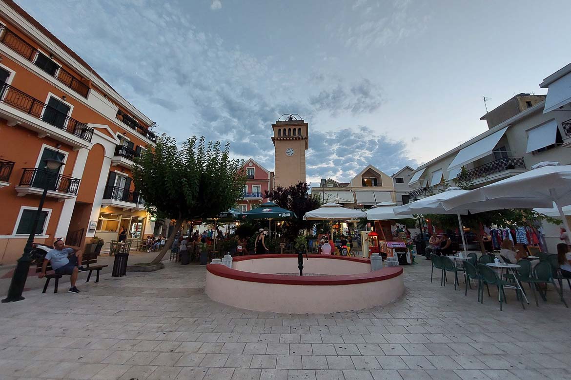 Kampana Square in Argostoli. The square is home to several cafés and a clock tower.