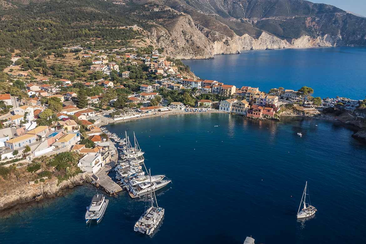 Panoramic view of Assos village from a drone.