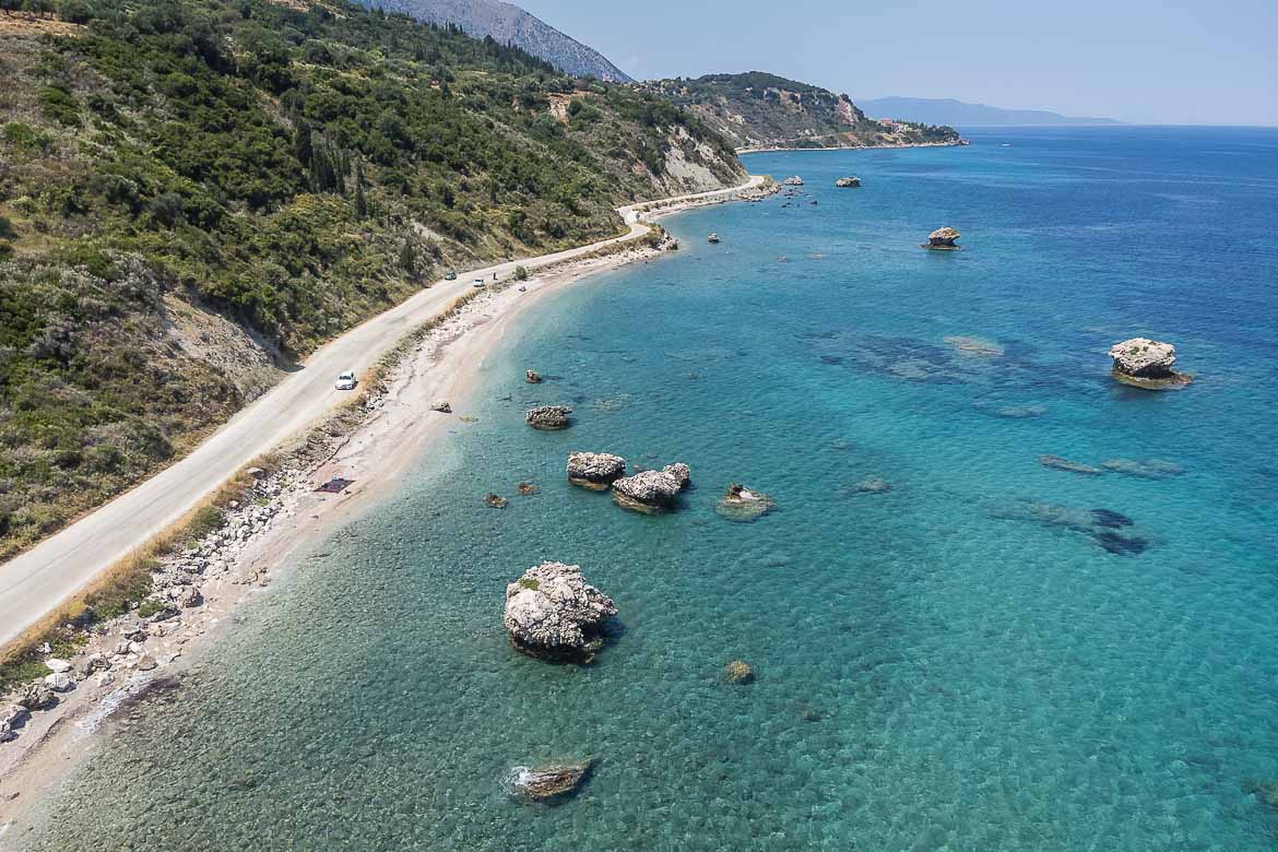 Panoramic view of a coastal road in Eastern Kefalonia. Taken from a drone.