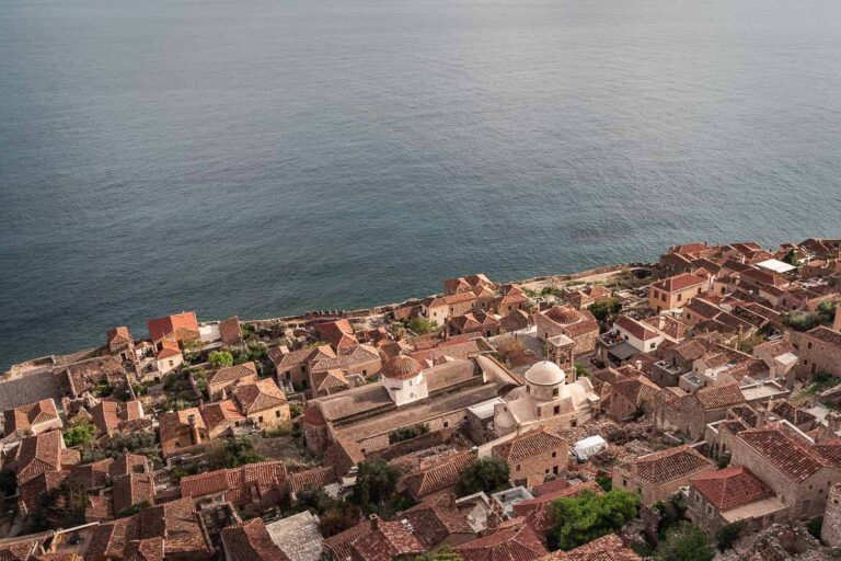 This is a panoramic shot of the Lower Town of Monemvasia Castle as seen from the Upper Town.