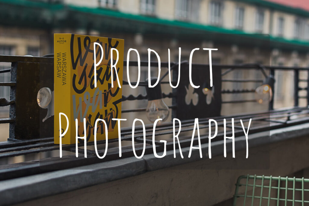 This image shows a yellow book about Warsaw. There's overlay text that reads Product Photography.