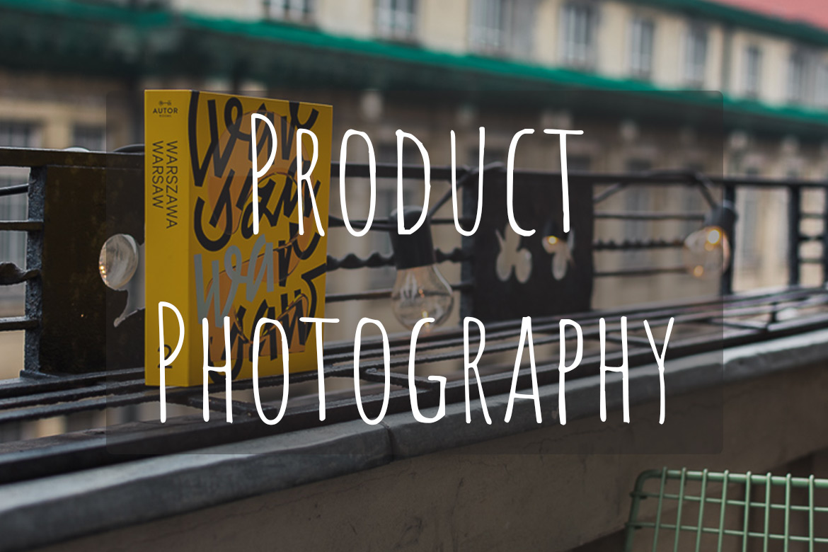 This image shows a yellow book about Warsaw. There's overlay text that reads Product Photography.