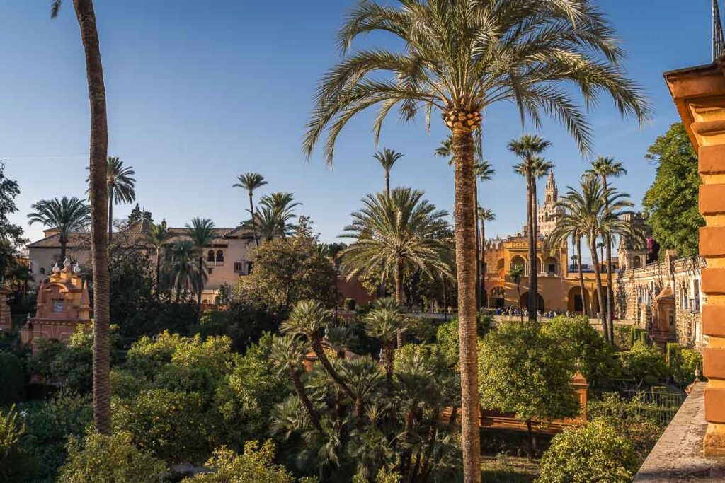 Panoramic view of Alcazar's gardens on a sunny day.