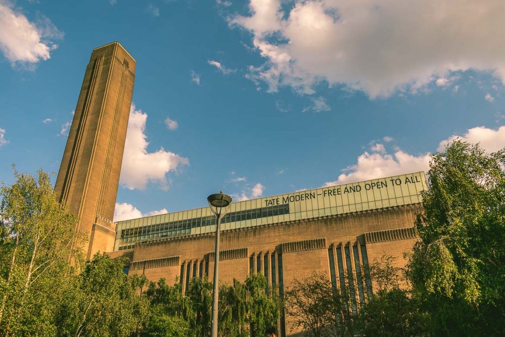 This is a photo of the facade of Tate Modern, the famous contemporary art gallery in London, England. South Bank walk, UK.