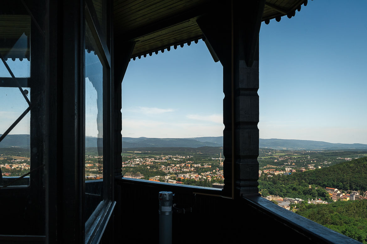 The observation deck of the Diana Lookout Tower with panoramic views in the background. 
