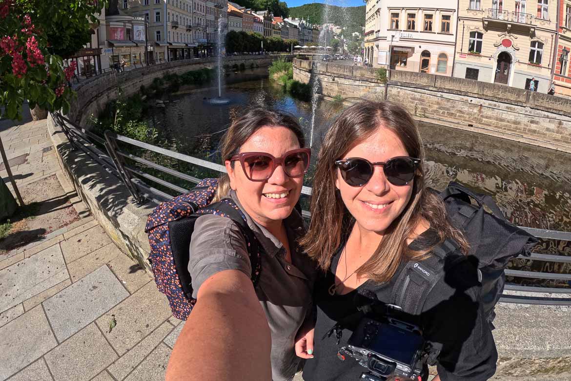 Selfie of Maria and Katerina in front of the river in Karlovy Vary. 