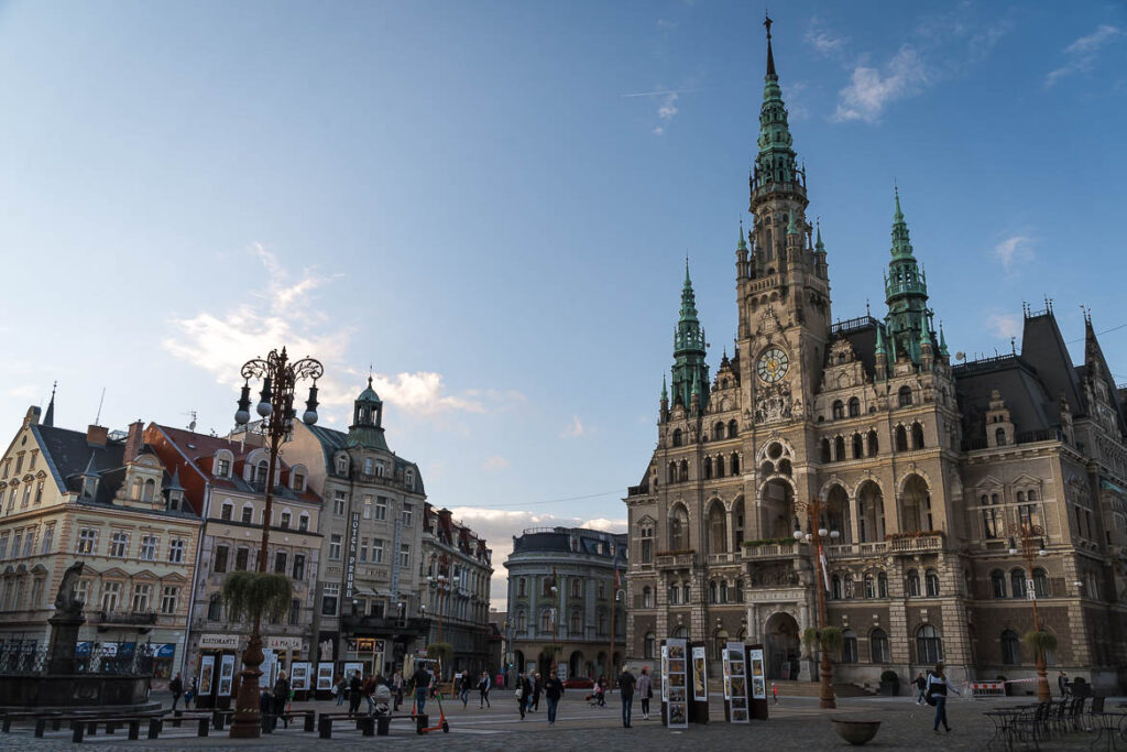 This image shows the main square in Liberec, dominated by the impressive City Hall.
