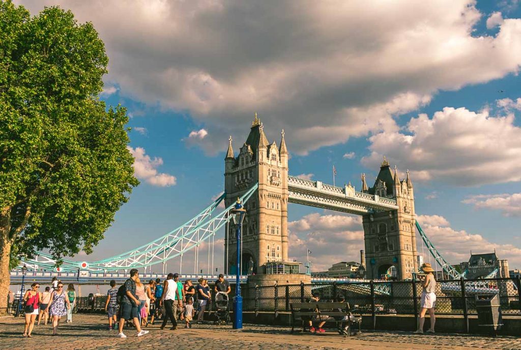This is a photo of Tower Bridge in London, England. We enjoyed it under the summer sun during our South Bank walk.