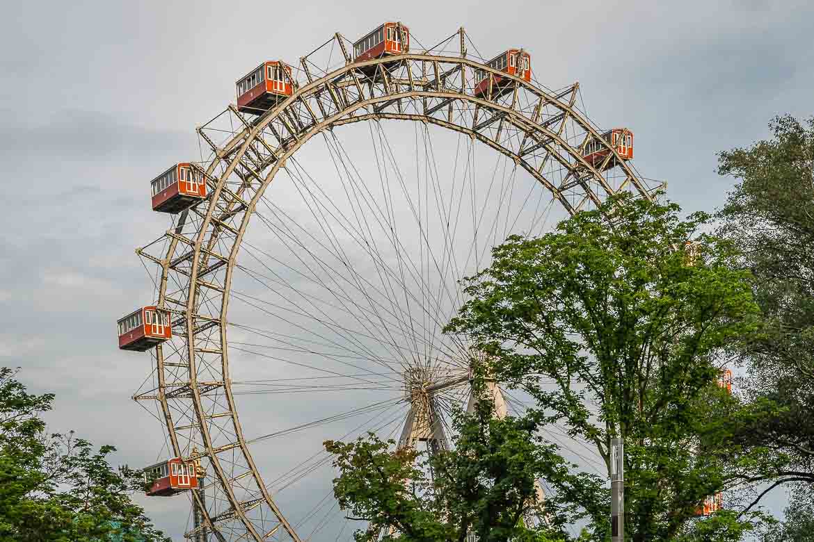 The Ferris wheel with its retro red wagons in Prater.