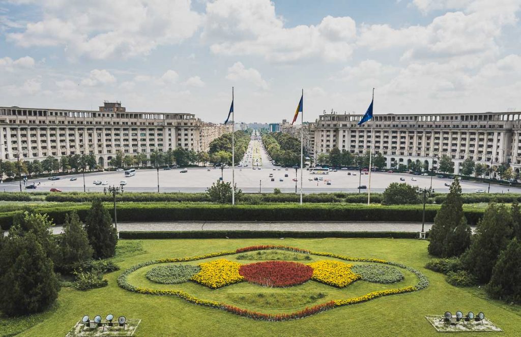 Top things to do in Bucharest: Our essential guide This photo shows the view to Bulevardul Unirii from the Palace of the Parliament, one of the top things to do in Bucharest, Romania.