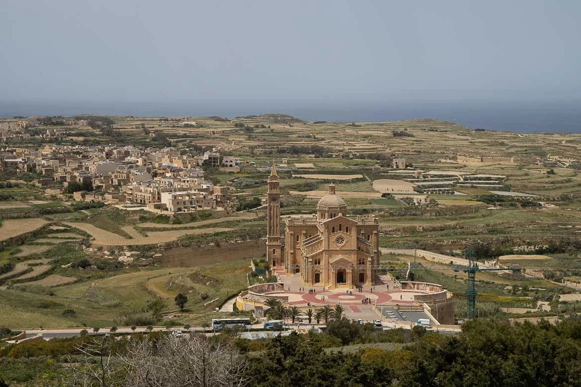 Panoramic view of Ta' Pinu Basilica and its surroundings.