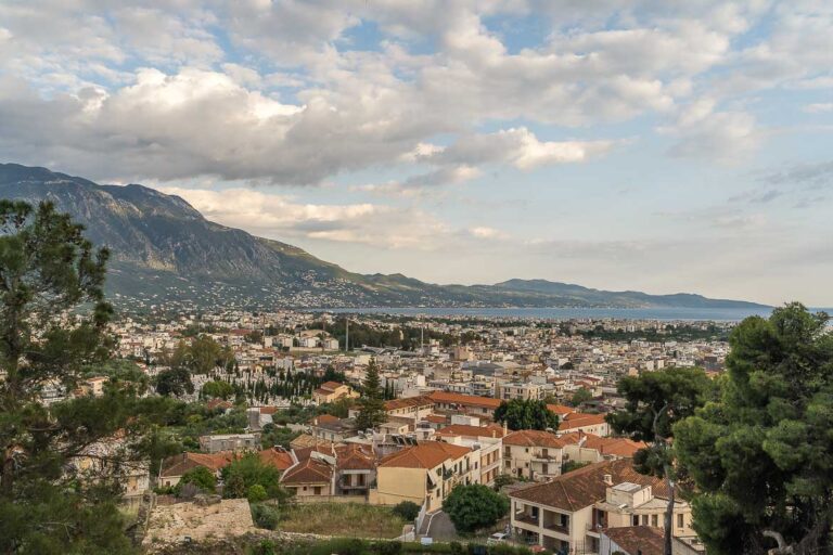 Panoramic view of Kalamata, the sea and Taygetus Mountains from Kalamata Castle.