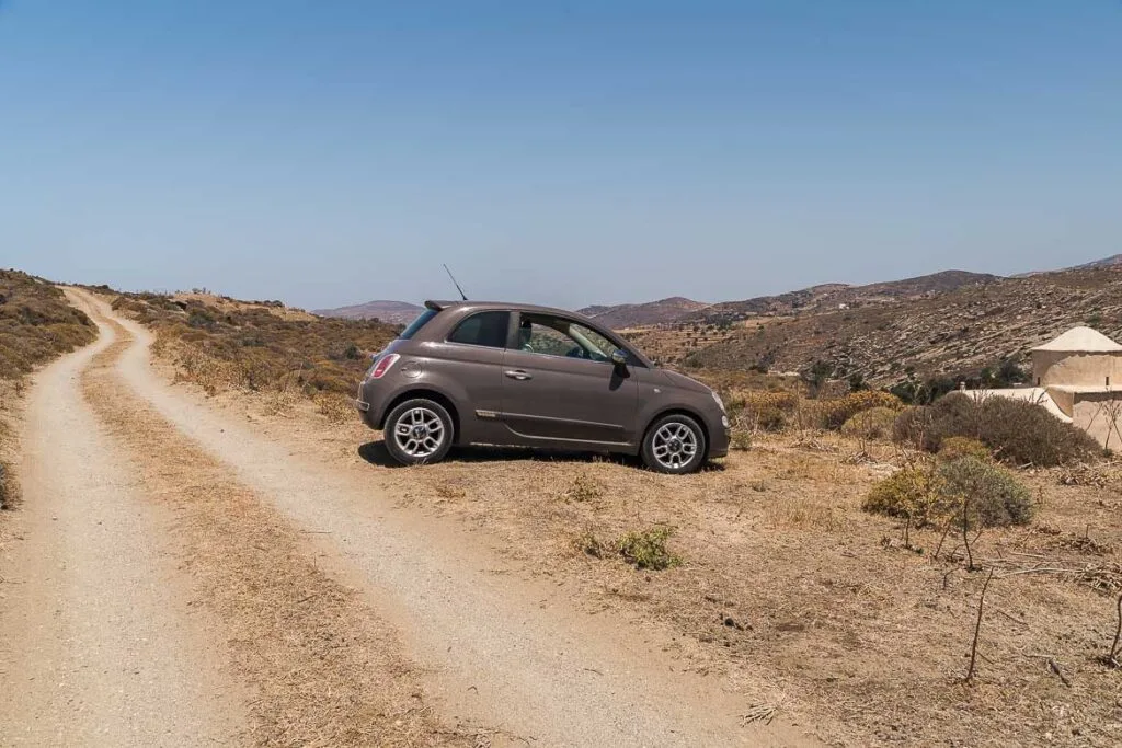 This image shows our car on a dirt road in Naxos.