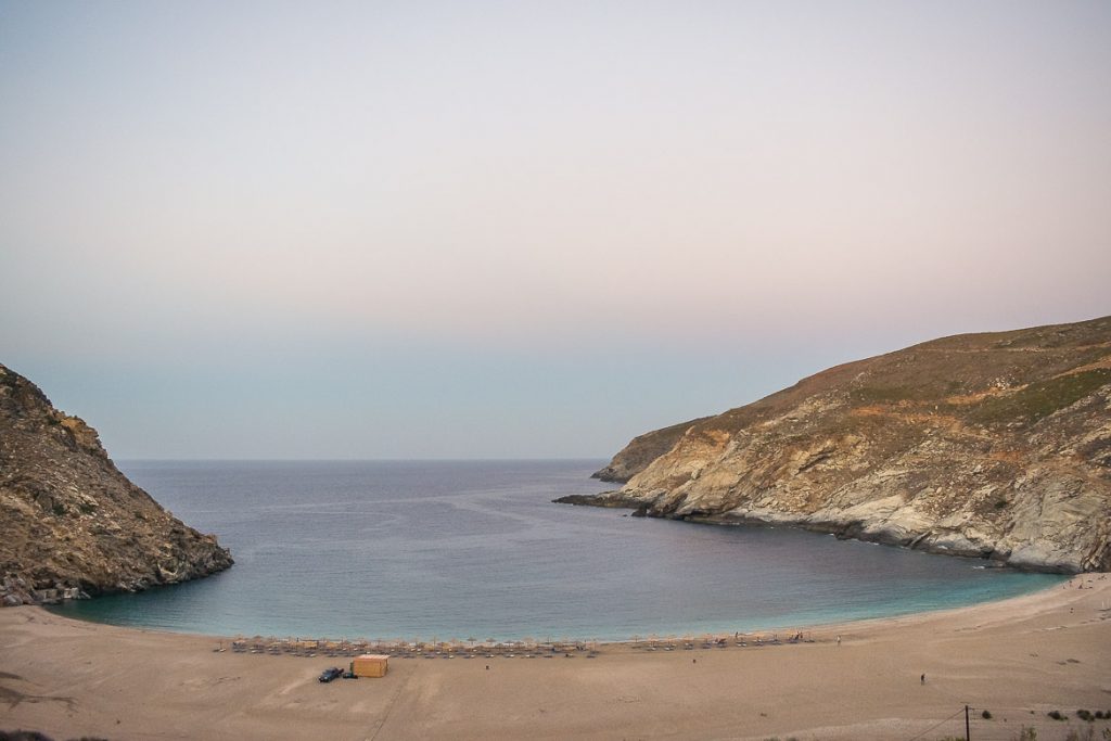 The 22 Most Spectacular Andros Beaches Greece This is a panoramic shot of Zorkos Beach in Andros at sunset. The sea is absolutely calm and the beach is almost empty. This photo reflects a beautiful moment in one of the most scenic beaches in Andros. This is why we've chosen this photo to be the featured image of our article the 20 most spectacular Andros Beaches Greece.